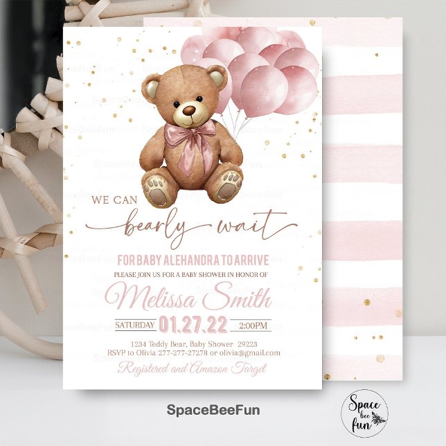 Baby shower Ours Teddy Invitation Nous Pouvons Bea (teddy bear,baby shower invitation,we can bearly wait,teddyy bear girl linvites,bear hot air balloon,)