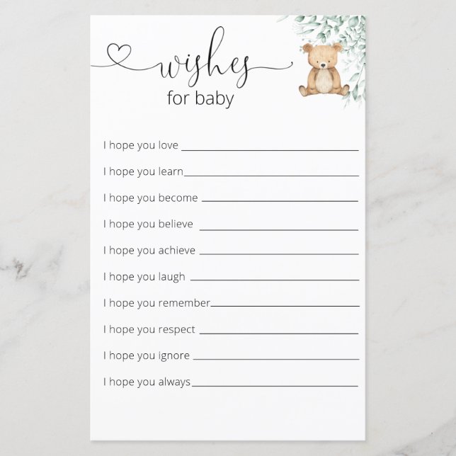 Baby shower Ours Teddy Vert Souhaite Bébé (Devant)