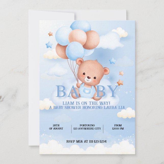 baby shower ourson bleu invitation (Devant)