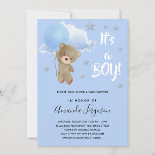 Baby shower ourson garçon bleu étoiles invitation