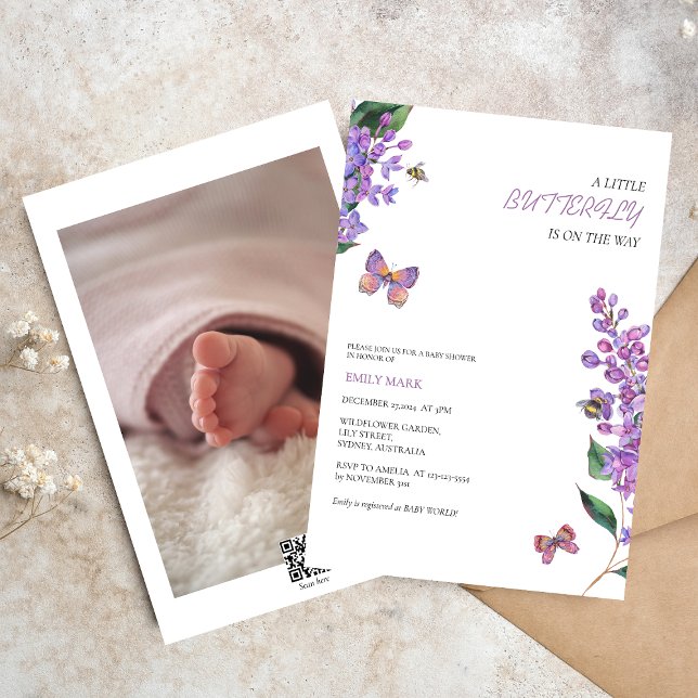 Baby shower papillon fleuri violet invitation (Créateur téléchargé)