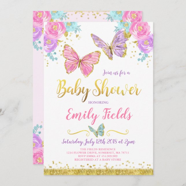 Baby shower papillon Invitation Baby shower fille (Devant / Derrière)