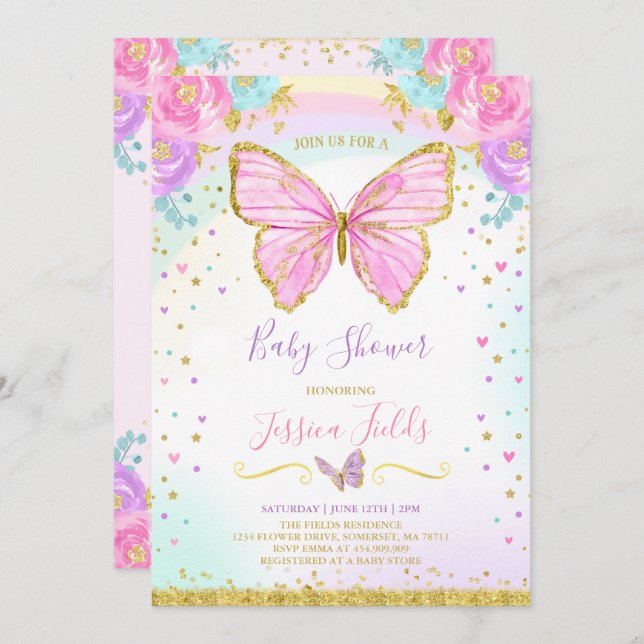 Baby shower papillon Invitation Baby shower fille (Devant / Derrière)