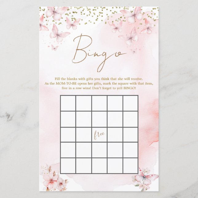 Baby shower papillon rose Fille Bingo Jeu (Devant)