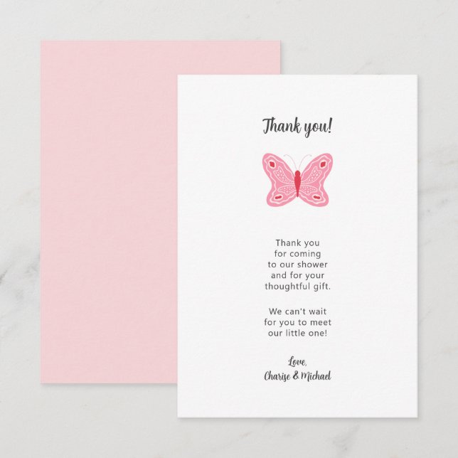 Baby shower papillon rose merci note (Devant / Derrière)