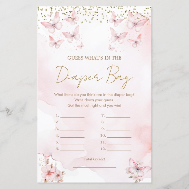 Baby shower papillon rose Qu'y a-t-il dans le sac  (Devant)