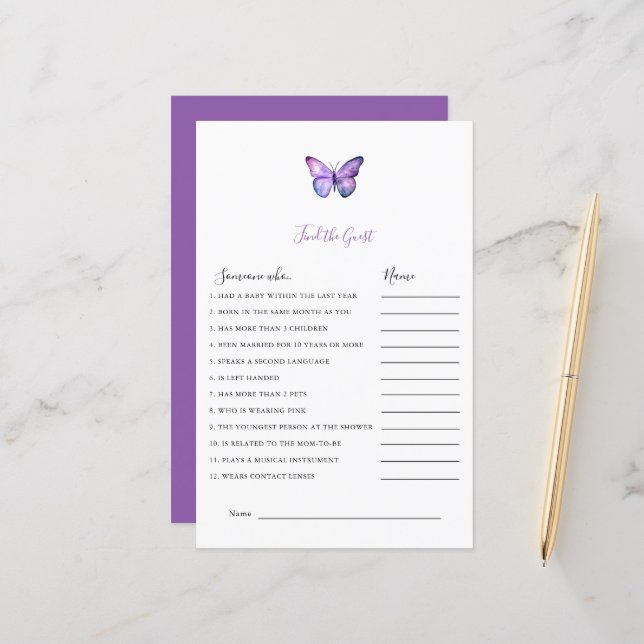 Baby shower papillon Trouvez la fête du jeu invité (Devant/Arrière en situation)