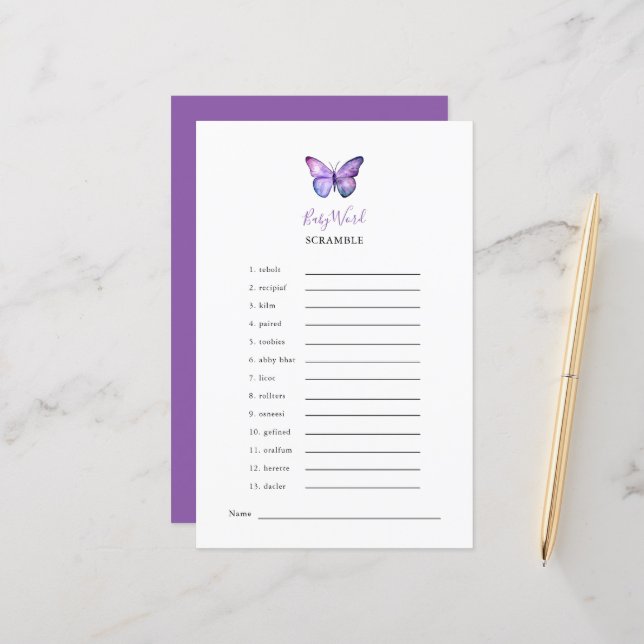 Baby shower papillon Word Scramble Partie (Devant/Arrière en situation)