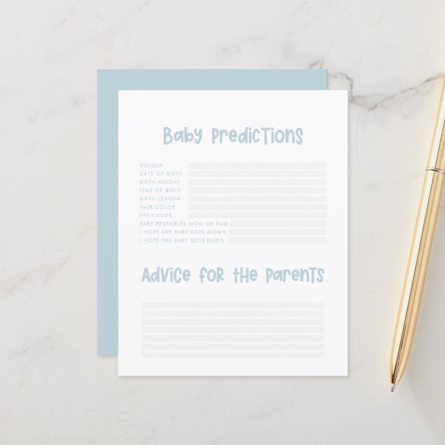 Baby shower parti prédictions jeu bébé bleu (Devant/Arrière en situation)