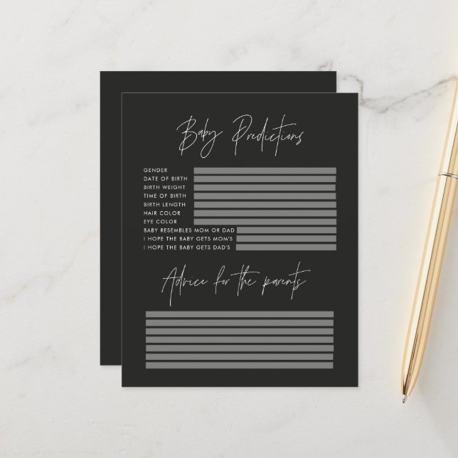 Baby shower parti prédictions jeu élégant noir (Devant/Arrière en situation)
