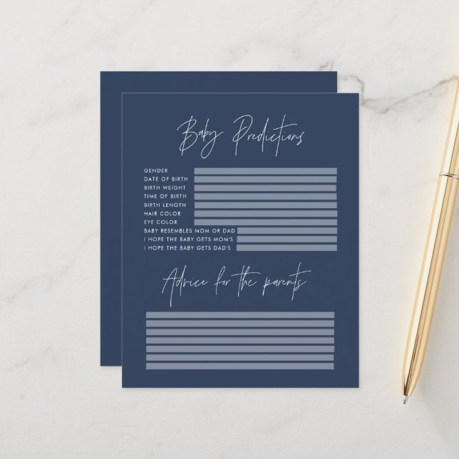 Baby shower parti prédictions jeu marine bleu (Devant/Arrière en situation)