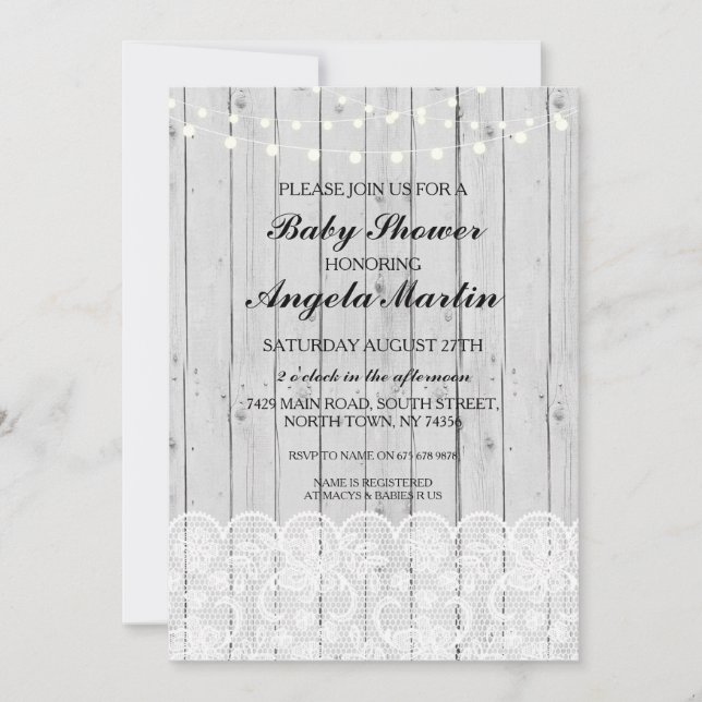 Baby shower Party Grey Invitation dentelle en bois (Devant)