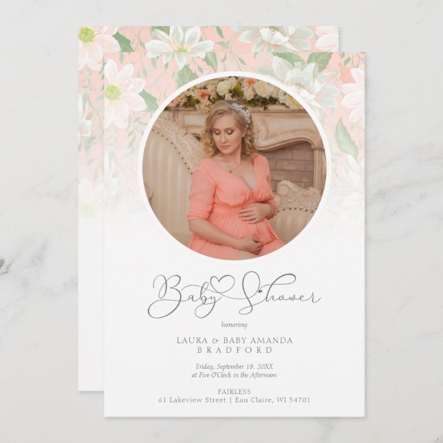 Baby Shower Peach Floral Botanical Photo (Devant / Derrière)