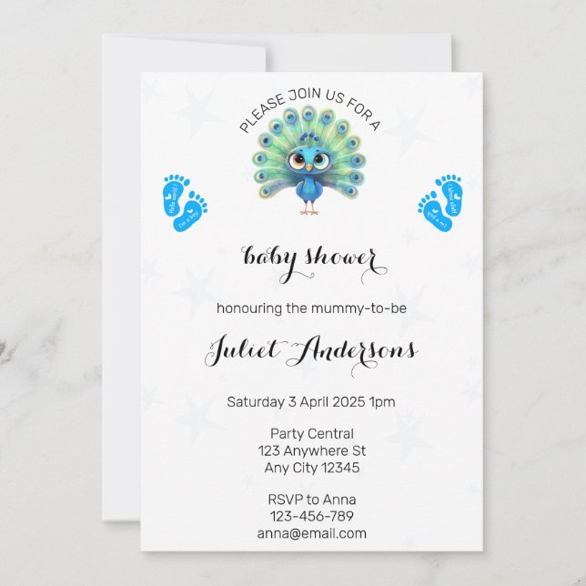 Baby shower Peacock Bleu Invitation (Devant)