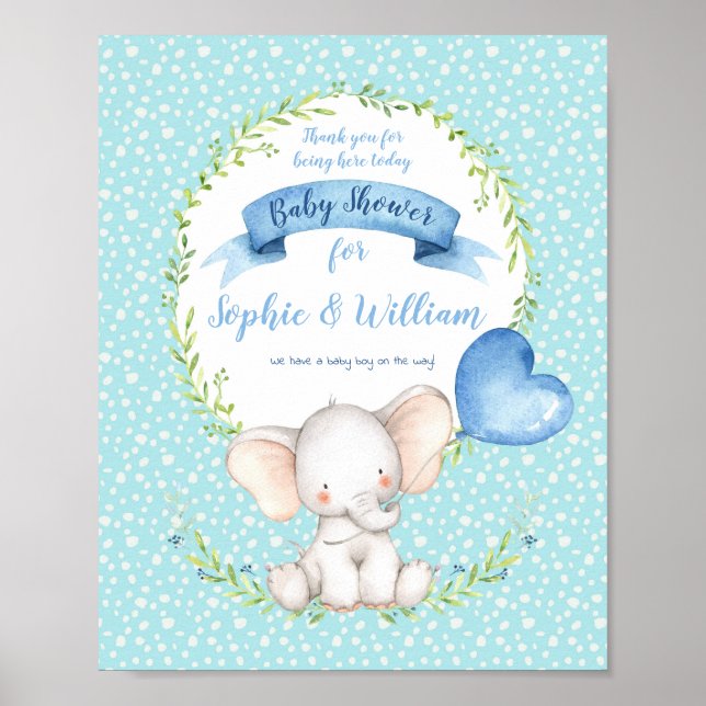 Baby shower petit éléphant Affiche de bienvenue bl (Devant)