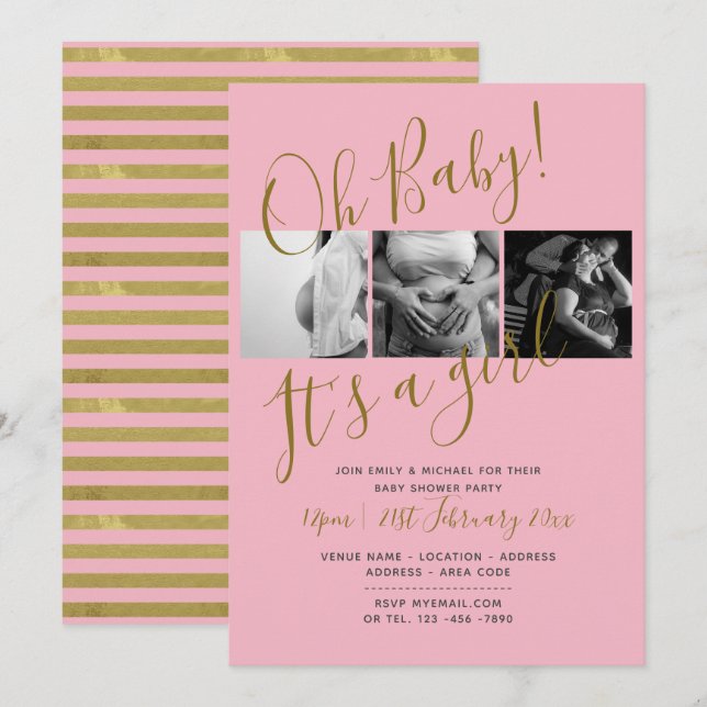 Baby shower Photo Collage Invitation BLUSH PINK (Devant / Derrière)