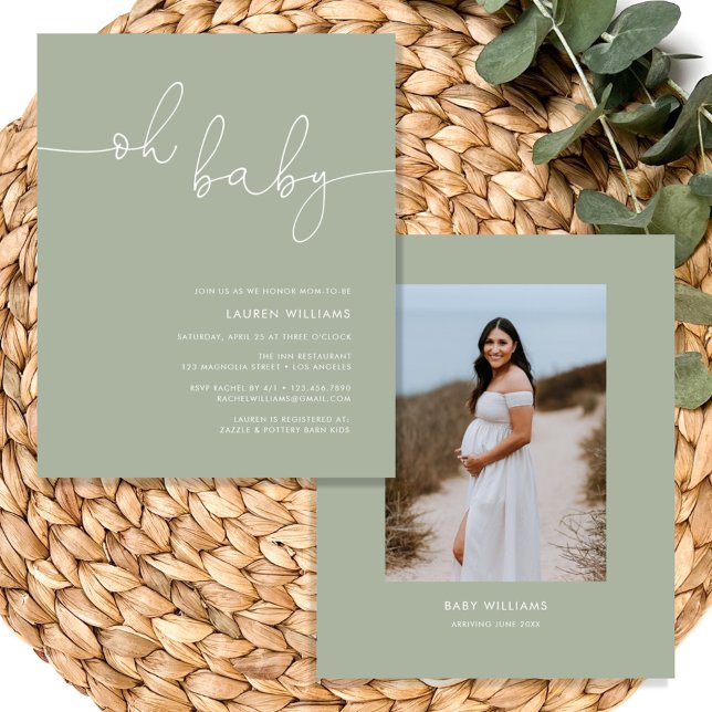 Baby shower photo vert Boho Sage moderne Invitatio (Boho Oh Baby Sage Green Photo Baby Shower Invitation)