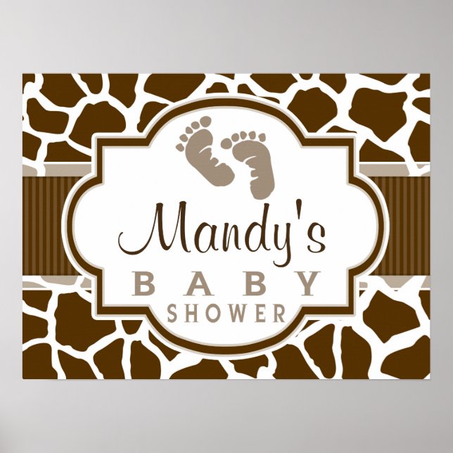 Baby shower Poster de animal Brown, Giraffe blanch (Devant)