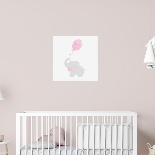 Baby shower poster with elephant and pink balloon (Pépinière 2)