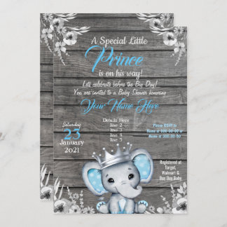 Baby shower Prince Elephant Invitation Silver Blue