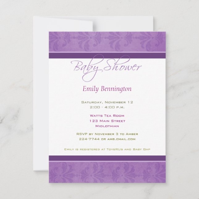 Baby shower Purple Damask Invitation (Devant)