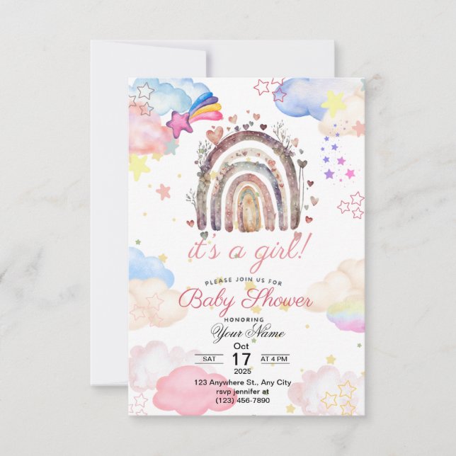 Baby shower Ratinbow invitation pour la petite fil (Devant)