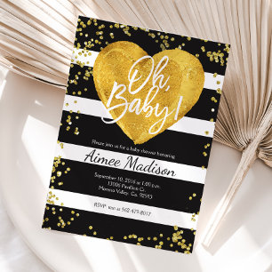 Baby shower rayé noir or blanc invitation