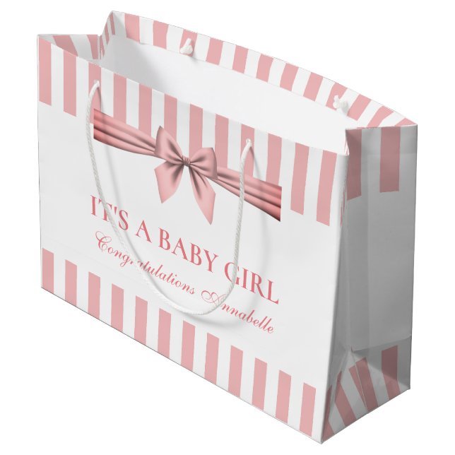 Baby shower rayé rose et blanc Grand sac cadeau (Dos Angle)