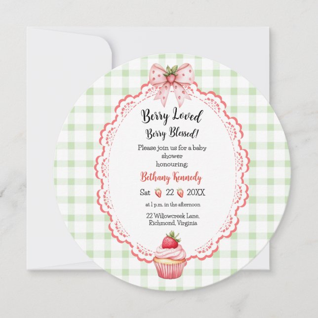 Baby shower rond Cupcake aux fraises Invitation (Devant)