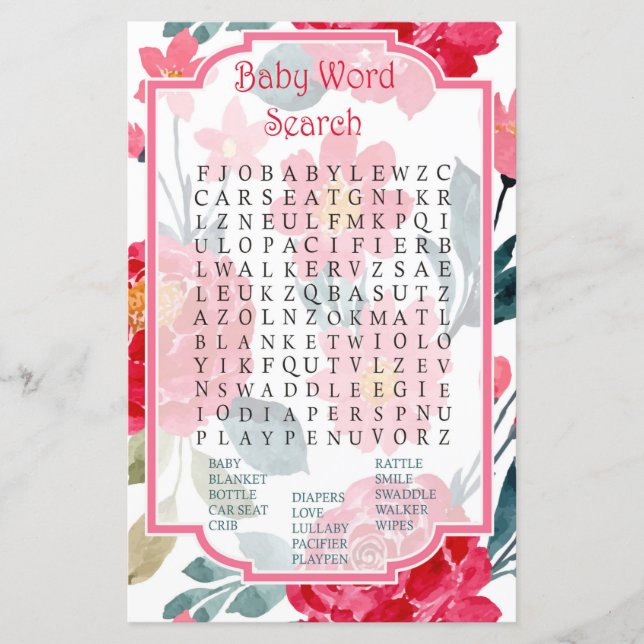 Baby shower rose aquarelle Word Search Jeu (Devant)
