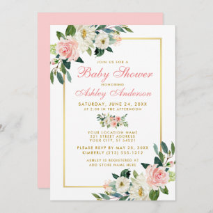 Baby shower Rose Blanc Or Floral Invitation GP