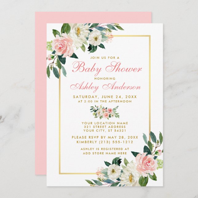 Baby shower Rose Blanc Or Floral Invitation GP (Devant / Derrière)