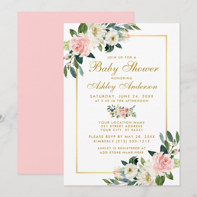 Baby shower Rose Blanc Or Floral Invitation P (Devant / Derrière)