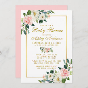 Baby shower Rose Blanc Or Floral Invitation P