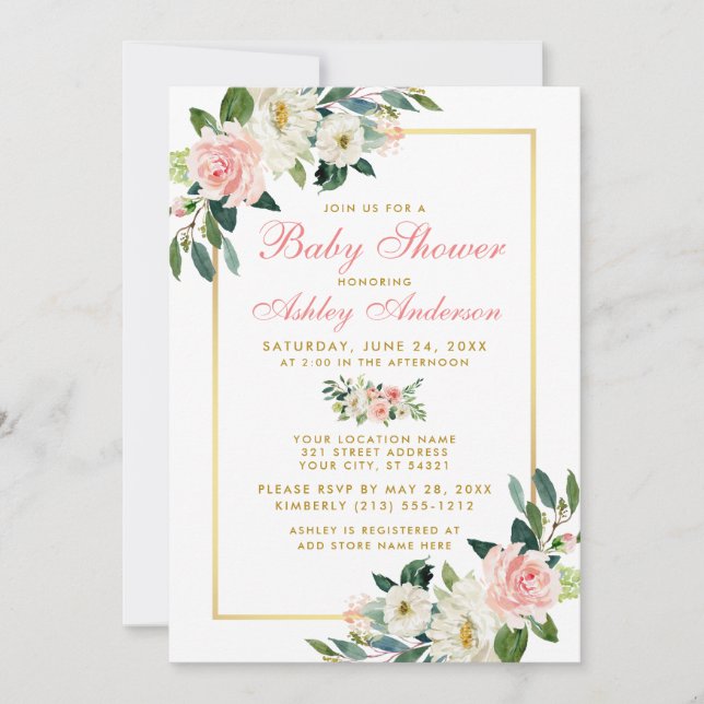 Baby shower Rose Blanc Or Floral Invitation Pk (Devant)