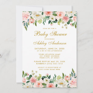 Baby shower rose bleu floral blanc or Invitation G