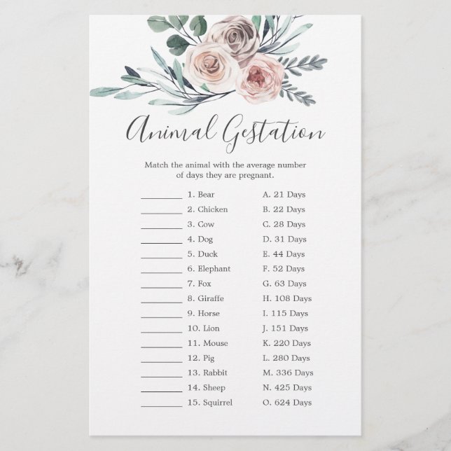 Baby shower Rose Boho Animal Gestation Jeu (Devant)