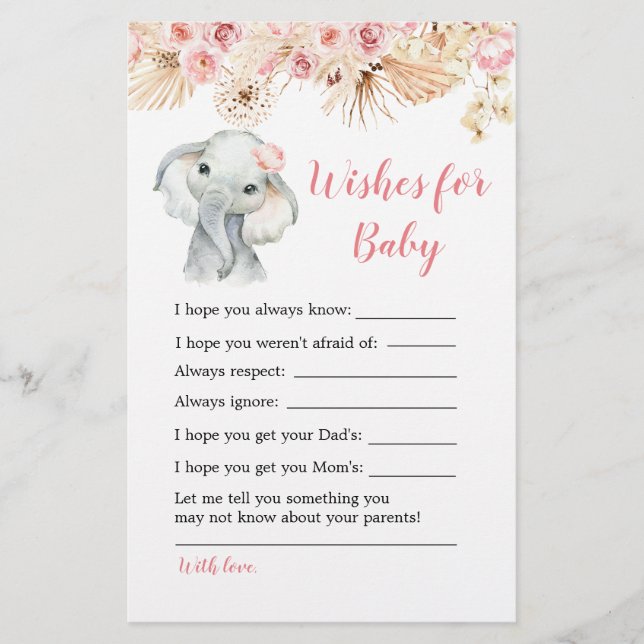 Baby shower rose Boho Elephant souhaits pour bébé (Devant)
