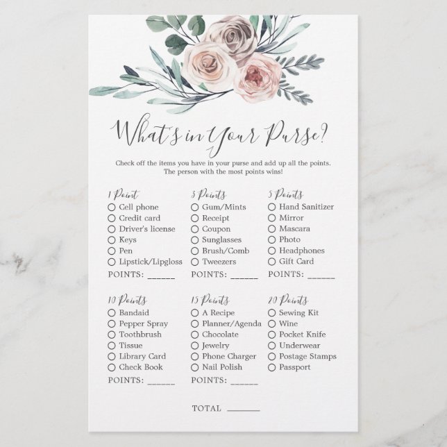 Baby shower Rose Boho Qu'y a-t-il dans votre sac (Devant)