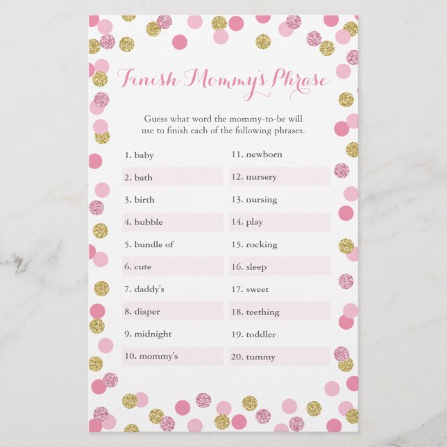 Baby shower rose et or Finish Mommy's Phrase Game (Devant)