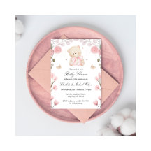 Baby shower rose Fille Teddy Bear Invitation