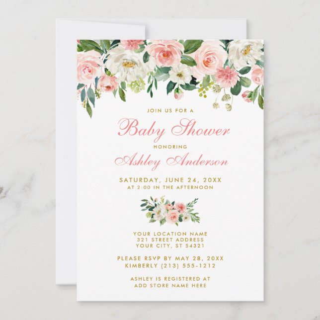 Baby shower rose floral blanc or Invitation GP (Devant)