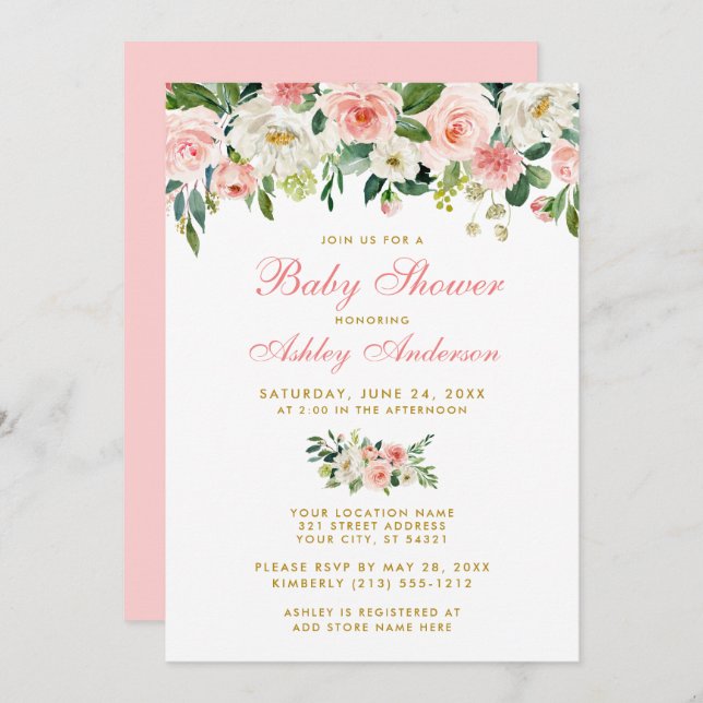 Baby shower rose Floral blanc or Invitation Pk (Devant / Derrière)