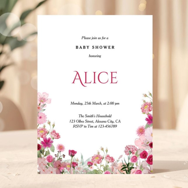 Baby shower rose floral de printemps Invitation ch (Spring Floral baby shower invitation, Pink baby shower invitation, Baby in bloom invitation, Wildflo)