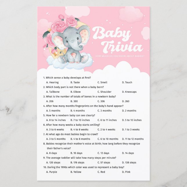 Baby shower rose Floral Elephant Baby Trivia Jeu (Devant)
