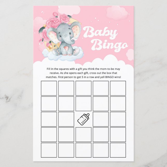 Baby shower rose Floral Elephant Jeu de Bingo (Devant)