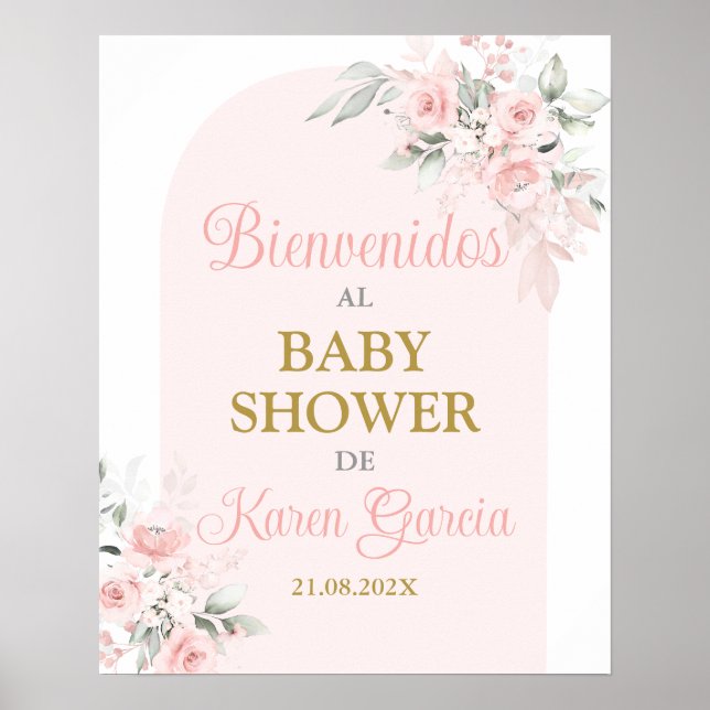 Baby shower rose floral fille Affiche de bienvenue (Devant)