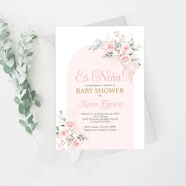 Baby shower rose Floral Girl Espagnol Invitation (Créateur téléchargé)