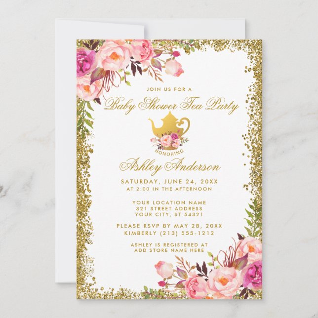 Baby shower rose Floral Gold Tea Party Invitation  (Devant)