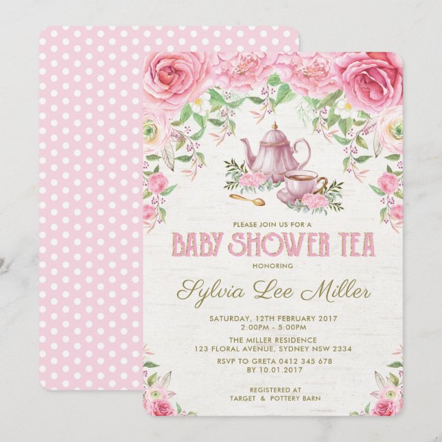 Baby shower rose Floral Invitation de la cuisine (Devant / Derrière)